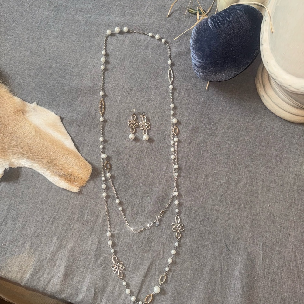 White House Black Market Silver and White Necklace Set.